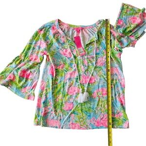 Lilly Pulitzer Del Lago Tunic with Bell sleeves, Pink Flamingos NWT M orig $188